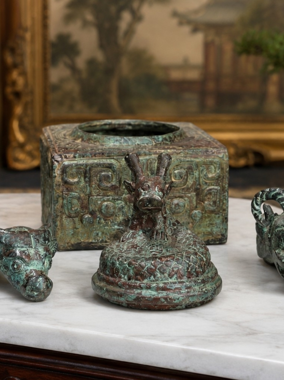 Set of 4 Chinese-Style Archaic Bronze Ritual Objects with Verdigris Patina